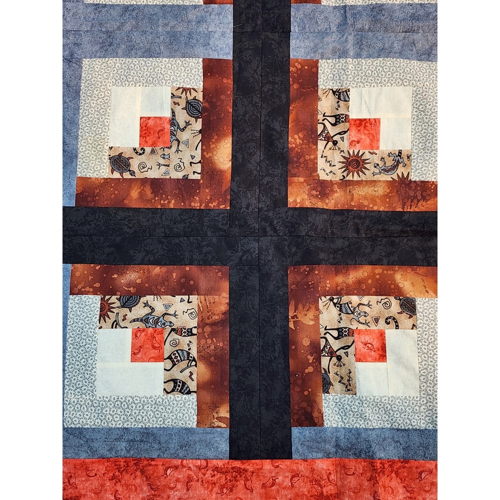 Handmade Southwest Kokopelli Log Cabin Quilt Top Blue Orange 78x106 Unfinished - Picture 2 of 8
